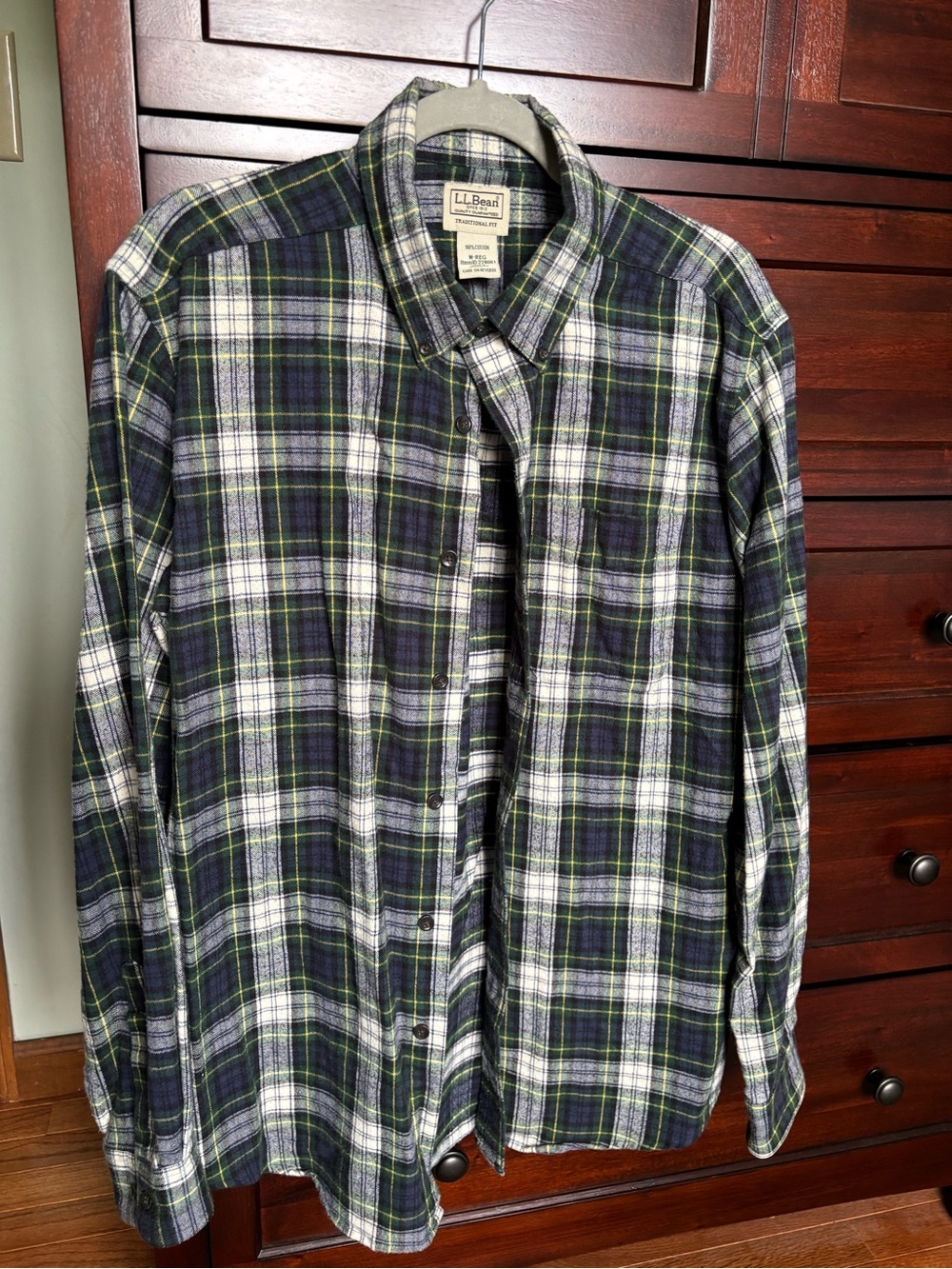 L.L. Bean Men's Green, Navy and White Plaid Button-Down Shirt